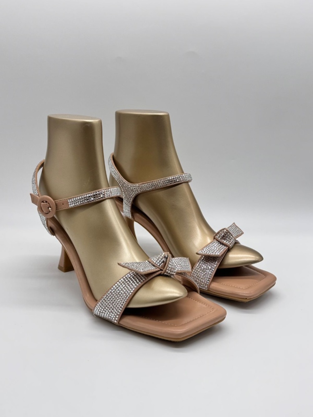 Anne Klein Jia Rhinestone Sandals Size 10 Nude Crystal Bow Ankle Strap Heels New
